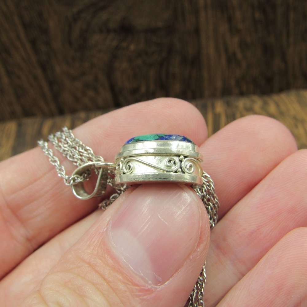 18" Sterling Blue Green Stone Ornate Necklace - Picture 3 of 7